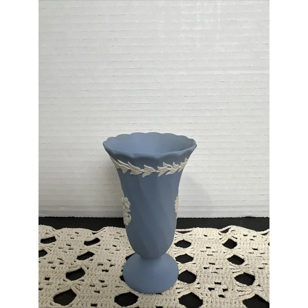 🏺✨ Wedgwood Jasperware Light Blue Flared‎ Trumpet Vase w/ Pedestal Foot